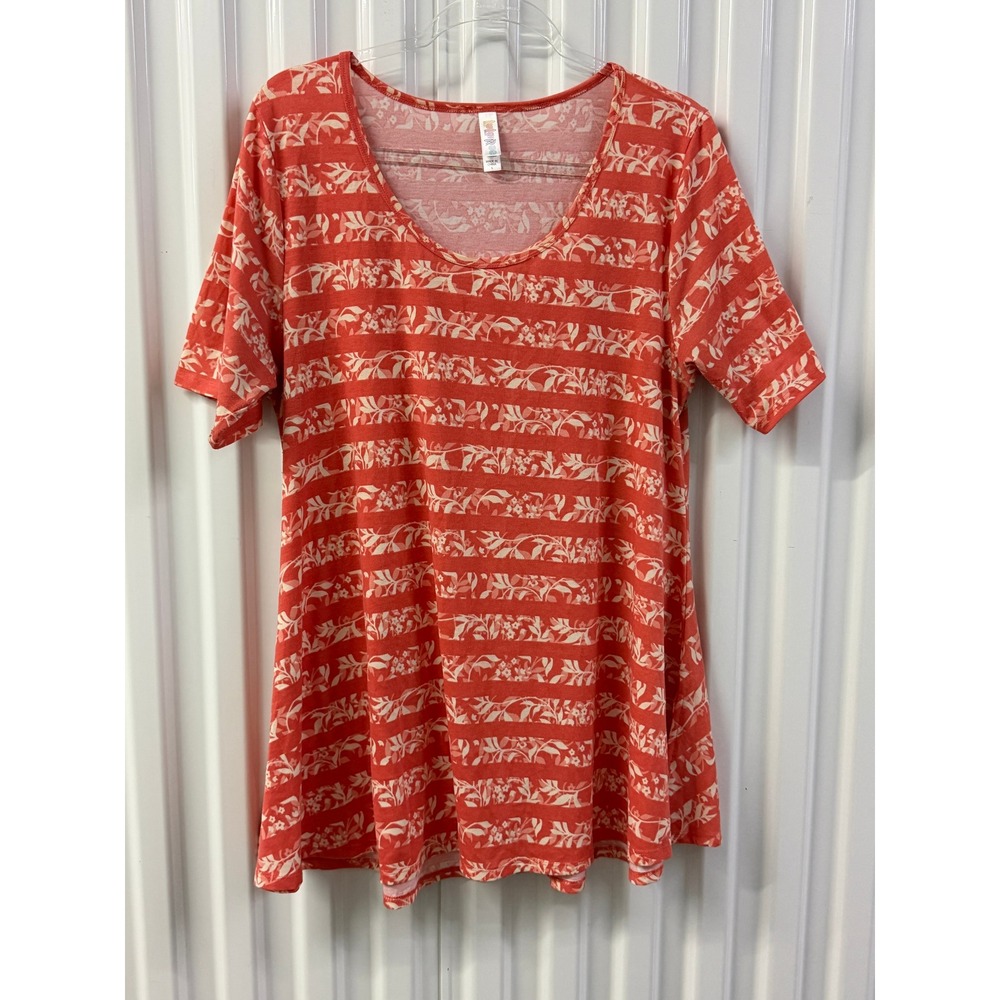 LuLaRoe Irma Tunic Top Womens Large Coral Floral Striped Excellent Short Sleeve